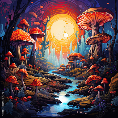 colorful poisonous hallucinogenic mushrooms fly agarics amanita toadstool in fabulous fairy tale forest at night