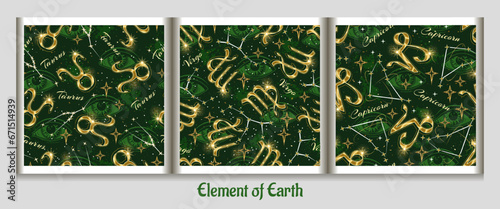 Seamless patterns with golden icon of zodiac sign Taurus, Virgo, Capricorn, constellation with stars, text, third eye, all seeing eye. Esoteric concept. For prints, clothing, t shirt, surface design