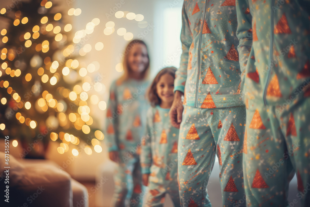 Fototapeta premium Family in Same Xmas theme Pyjama infroft of a christmas Tree - Christmas Traditions - AI Generated