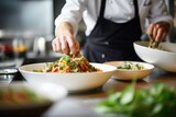 Culinary Hands at Work - Chef in the midst of preparing a signature dish, with ingredients spread around – InstaFood - AI Generated