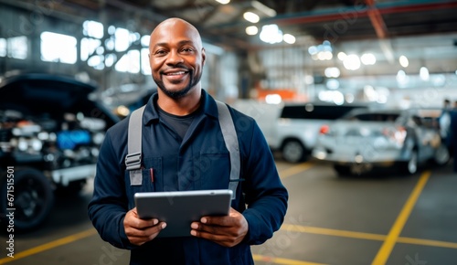 Smiling African american  car mechanic man holding a tablet computer in auto repair shop, African American mechanic man happy working in car garage photo
