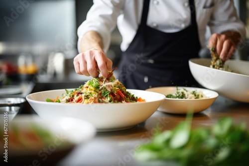 Wallpaper Mural Culinary Hands at Work - Chef in the midst of preparing a signature dish, with ingredients spread around – InstaFood - AI Generated Torontodigital.ca