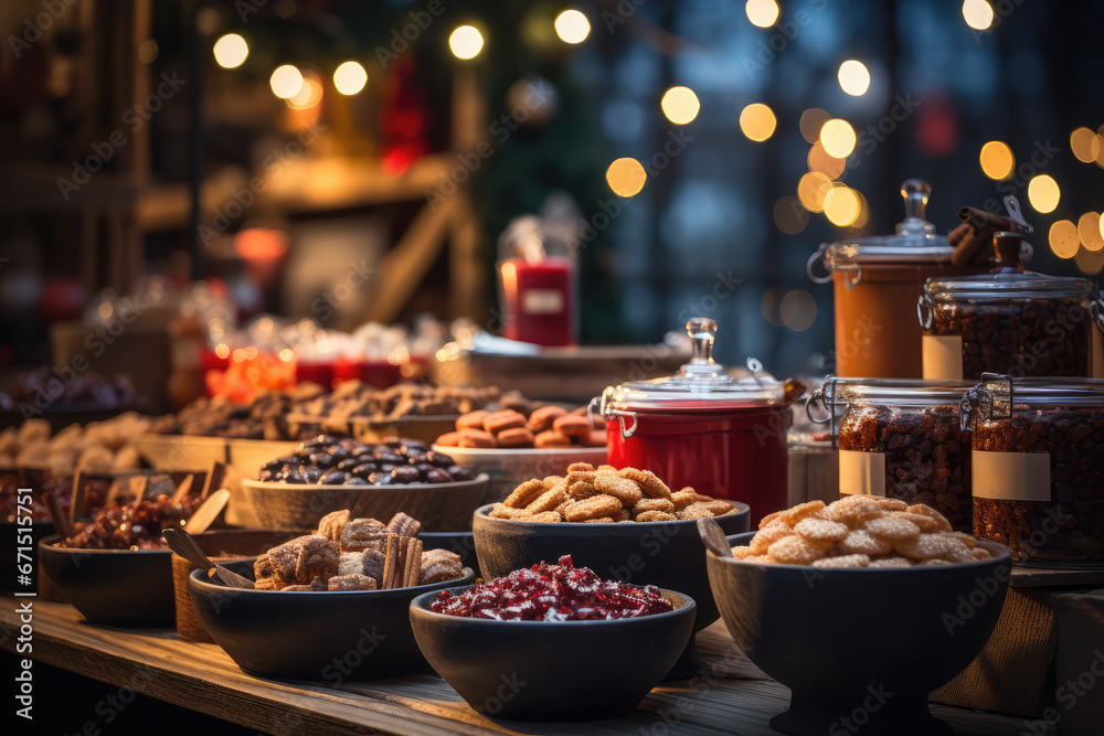 Christmas Market Gourmet Delights - A stall showcasing traditional Christmas treats - roasted chestnuts and mulled wine - AI Generated