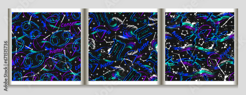 Patterns with zodiac sign Cancer, Scorpio, Pisces, constellation, text, paint splatter, brush strokes, alchemical triangle symbol of water element Grunge style for sport goods, prints, surface design