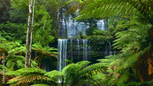 Tasmania Australia rainforest waterfall landscape. Russell falls Mt Fields park