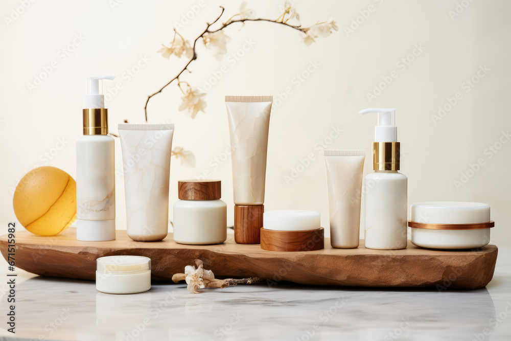 Product Shot of Organic Skincare - A line-up of eco-friendly skincare products on a marble counter - Blank Label - AI Generated Product Shot of Organic Skincare - A line-up of eco-friendly skincare products on a marble counter - Blank Label - AI Generated