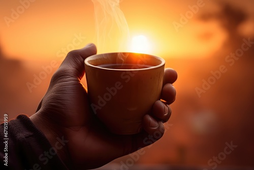 Morning Coffee - Sunrise Sip - person holding a coffee mug, with a sunrise backdrop - AI Generated