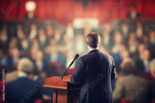 Politics Debate Stage - A prominent politician addressing an audience from a debate podium - AI Generated