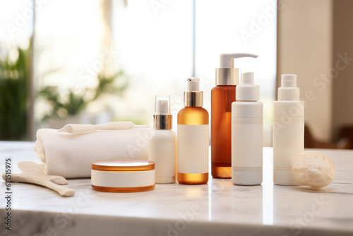 Product Shot of Organic Skincare - A line-up of eco-friendly skincare products on a marble counter - Blank Label - AI Generated photo