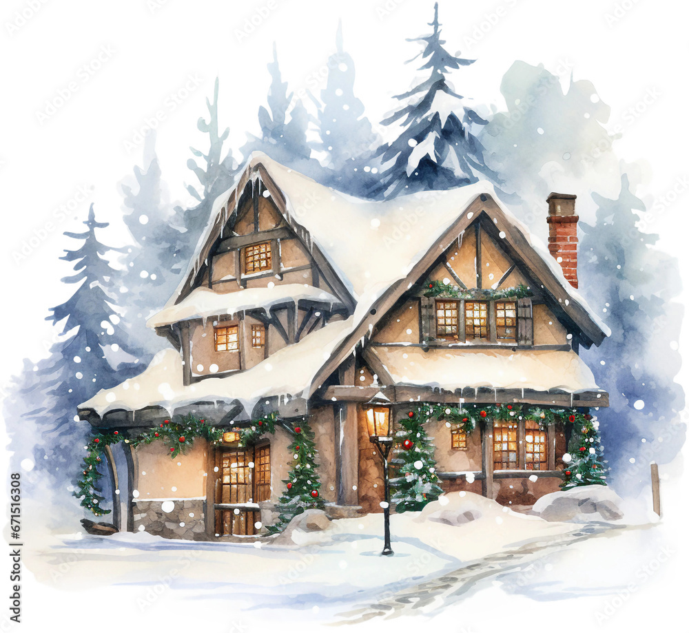 Watercolor Clipart of Christmas Winter Snowy House with Festive Decor, Isolated Pine Tree