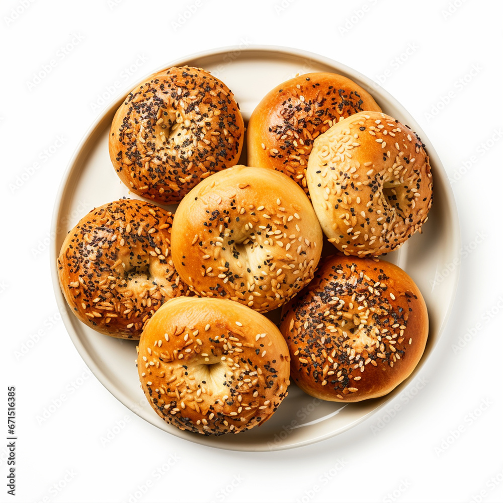 Bagels on plate top view on isolated white background - ai generative
