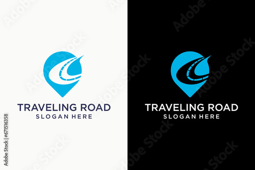 worldwide traveling logo with travel and vacation road logo pin