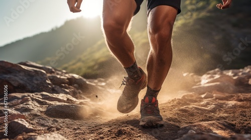 Running on a rocky trail, a close - up of a person's legs, detail of the shoe hitting the ground uphill. Healthy exercise concept.