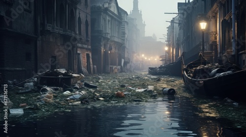 The garbage in the canal of the bustling city  which has buildings on both sides  contributes to environmental pollution and causes an overflowing garbage problem.