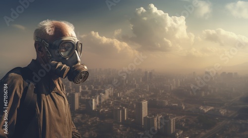 The elderly man wears a mask to protect himself from the harmful dust  smoke  and pollution that is present on the deteriorating high-rise building overlooking the panoramic view of the city.