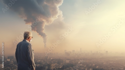 The elderly man wears a mask to protect himself from the harmful dust  smoke  and pollution that is present on the deteriorating high-rise building overlooking the panoramic view of the city.