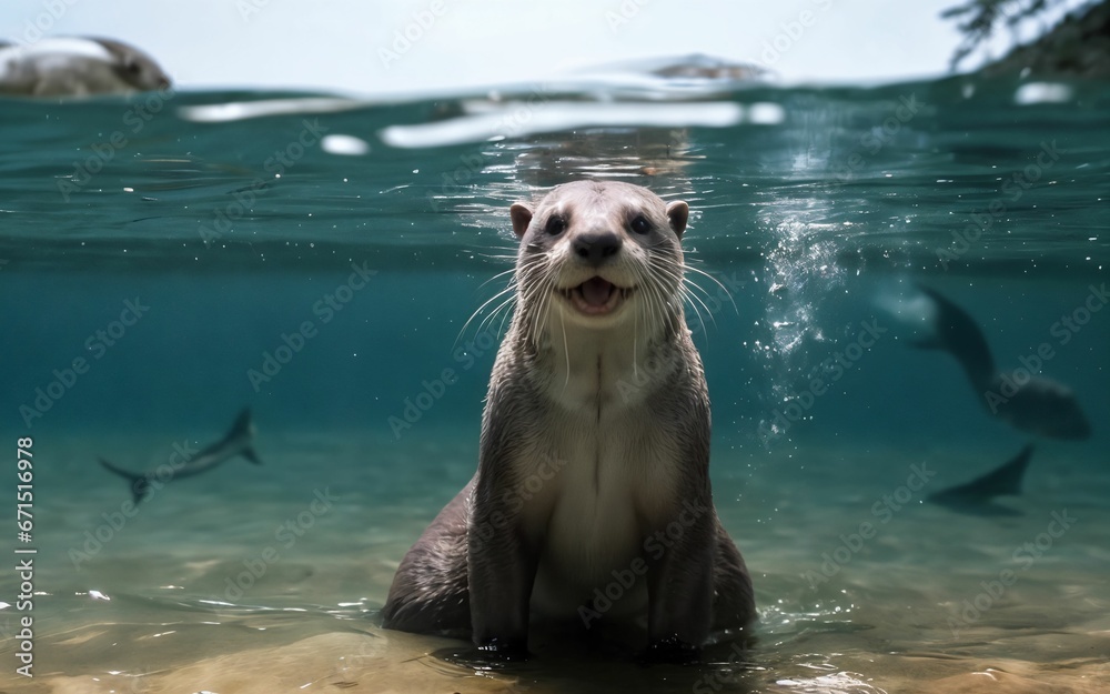Fototapeta premium Playful Otter Diving and Splashing in the Crystal-Clear Lake ai generated