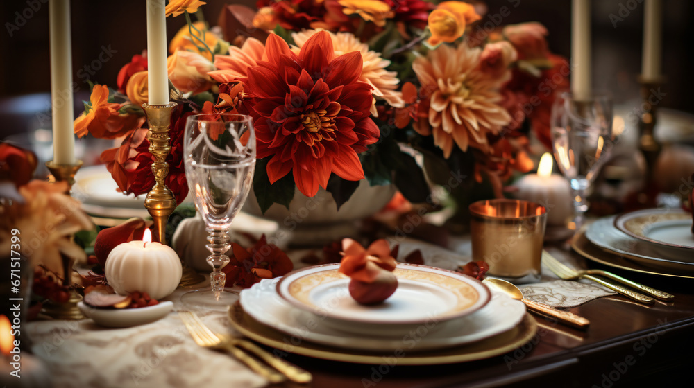 Autumn holiday tablescape, formal dinner table setting.