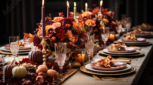 Autumn holiday tablescape, formal dinner table setting.