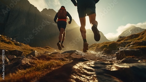 Running on a rocky trail, a close - up of a person's legs, detail of the shoe hitting the ground uphill. Healthy exercise concept. © panadda