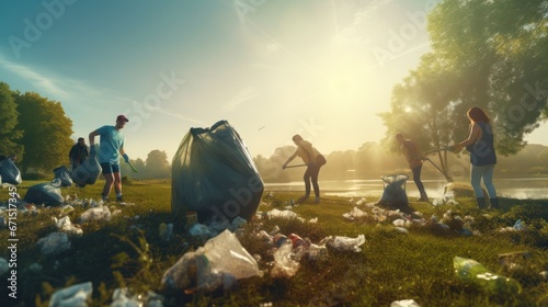 The volunteer group is working together to collect garbage in the public park for a better environment. © panadda