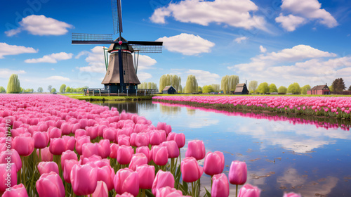 Pink tulips with Dutch windmills along a canal Netherland #671517370
