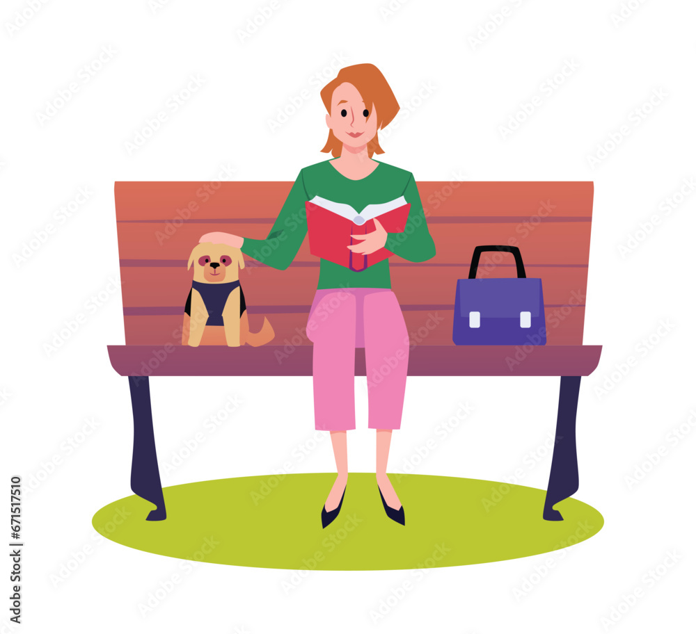 Woman sitting on bench with her dog and reading book. Woman sitting on bench with her dog and reading book.