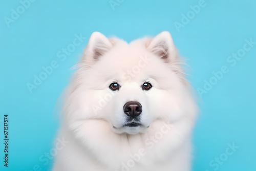 Cute Samoyed dog on blue color background. Neural network AI generated art © mehaniq41