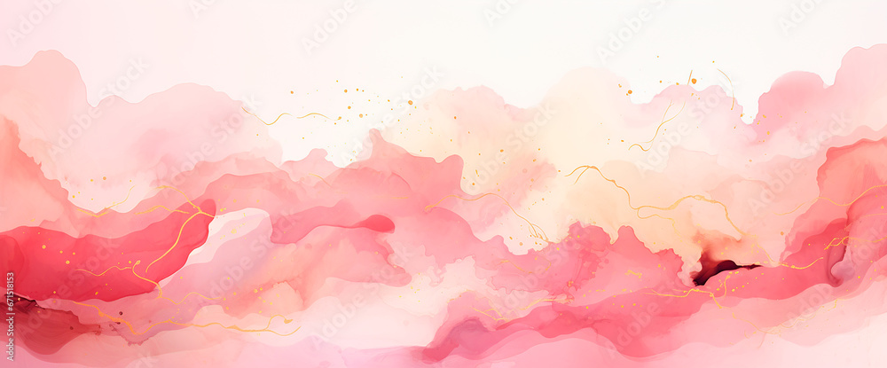 Ilustracion acuarela rosa amarillo oro - Fondo abstracto pintura formas liquidas 