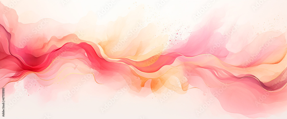 Ilustracion acuarela rosa amarillo oro - Fondo abstracto pintura formas liquidas  - obrazy, fototapety, plakaty 