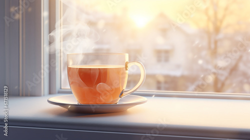 there is a cup of hot tea on the window from which steam is coming  winter is outside the window 