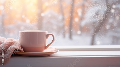 there is a cup of hot tea on the window from which steam is coming, winter is outside the window 