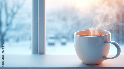 there is a cup of hot tea on the window from which steam is coming, winter is outside the window 