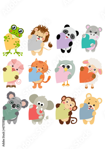 Set of cute  animals holding a heart