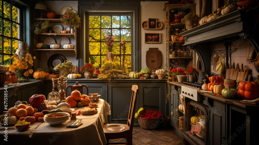 Autumnal kitchen decor, interior design, and house decor.
