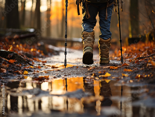 A person in hiking shoes walking in the forest, using hiking sticks, with a close-up focus on the legs. Embracing a healthy lifestyle.