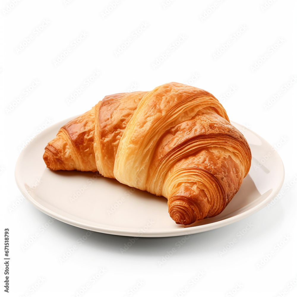 Croissant on a plate on isolated white background - ai generative