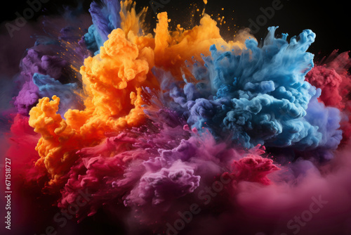 Explosion of colored powder isolated on black background. Abstract colored background