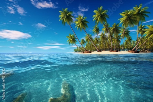 Breathtaking paradise with luscious palm trees on tropical island surrounded by crystal-blue ocean and sky. Generative AI