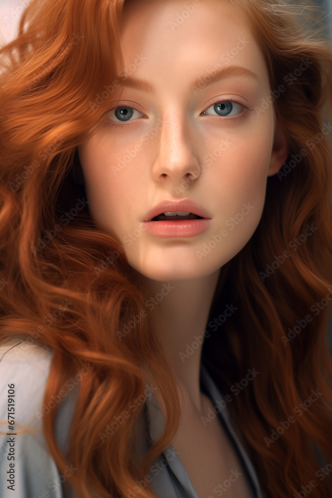 Natural beauty, Young redhead woman with long healthy shiny wavy hair, close up beauty portrait Natural beauty, Young redhead woman with long healthy shiny wavy hair, close up beauty portrait