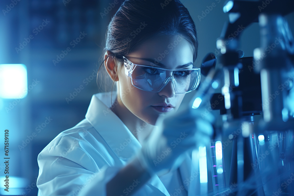 Life scientist researching in laboratory. Focused female science professional pipetting solution into glass cuvette. Healthcare and biotechnology. Life scientist researching in laboratory. Focused female science professional pipetting solution into glass cuvette. Healthcare and biotechnology.