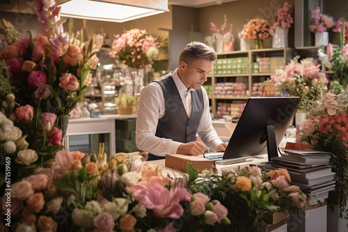 Portrait of handsome florist man working on computer at workplace. Concentrated bearded male sitting at desk in floral store.