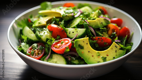 Avocado, cilantro, tomato, cucumber, and sugar snap salad.
