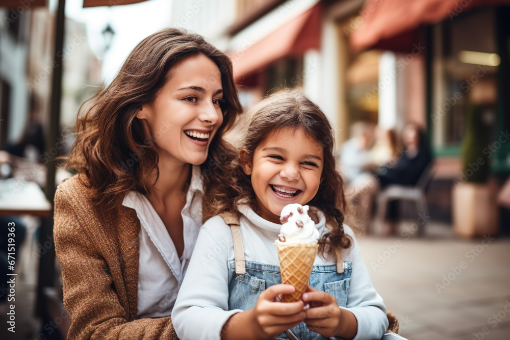 Ice cream with a mother and daughter bonding together while sitting in pastry shop outside on the street. Summer, children and love between woman and girl enjoying a sweet snack.