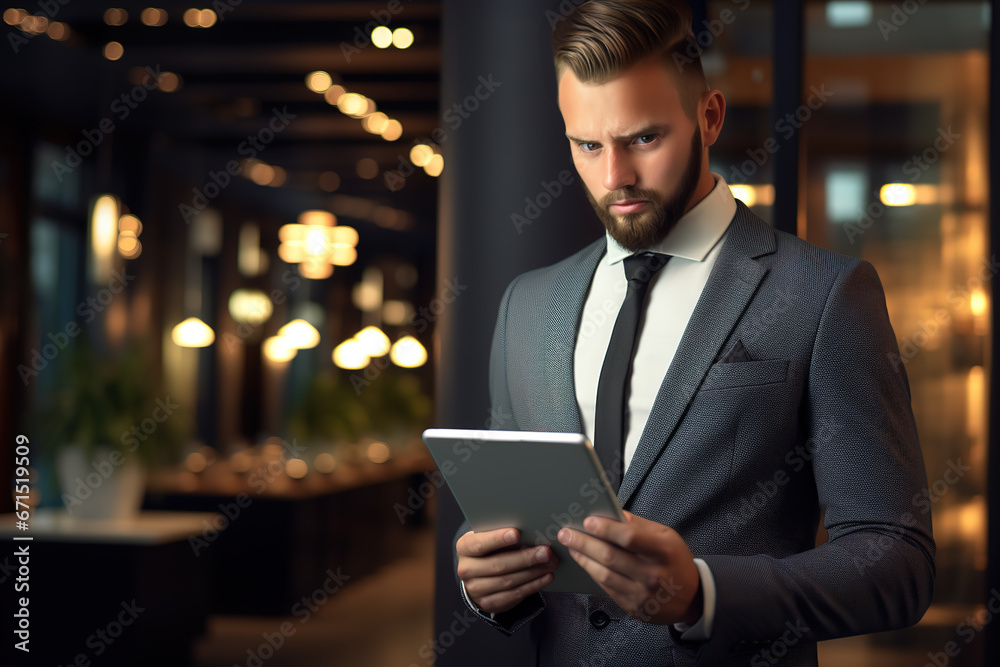 Handsome businessman working on tablet in corridor of elegant workplace. Portrait of business man standing and using tablet device. Handsome businessman working on tablet in corridor of elegant workplace. Portrait of business man standing and using tablet device.