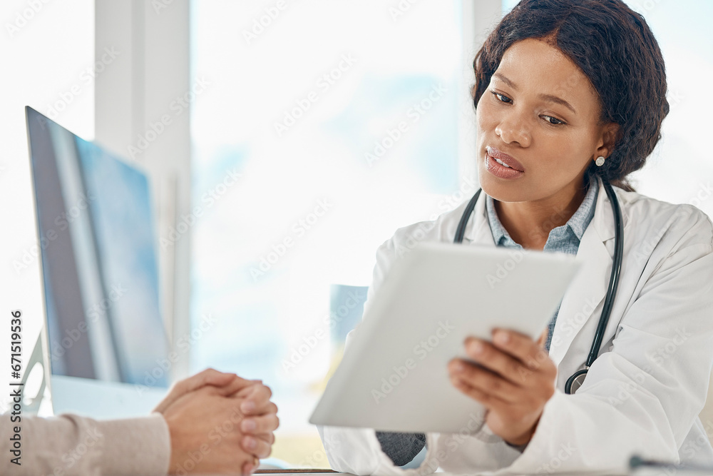 Tablet test results, doctor and patient talking in medical consultation, checkup and visit in clinic, hospital and healthcare center. Gp discussing treatment options and medicine side effects on tech Tablet test results, doctor and patient talking in medical consultation, checkup and visit in clinic, hospital and healthcare center. Gp discussing treatment options and medicine side effects on tech
