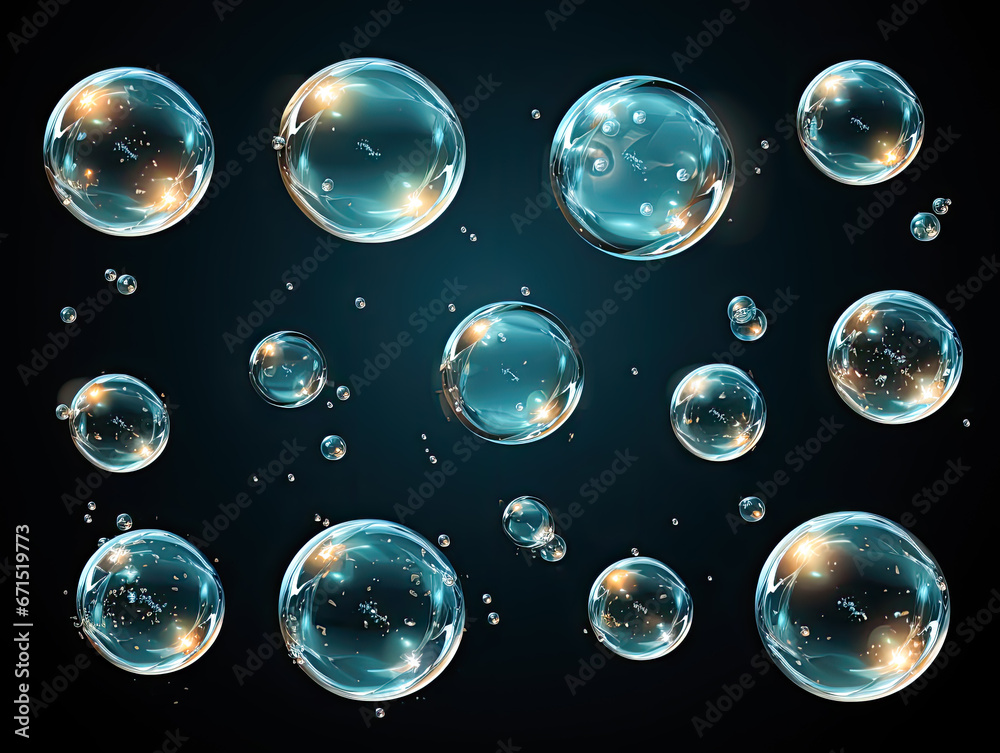A collection of soap bubbles with a realistic appearance, set against a transparent background.