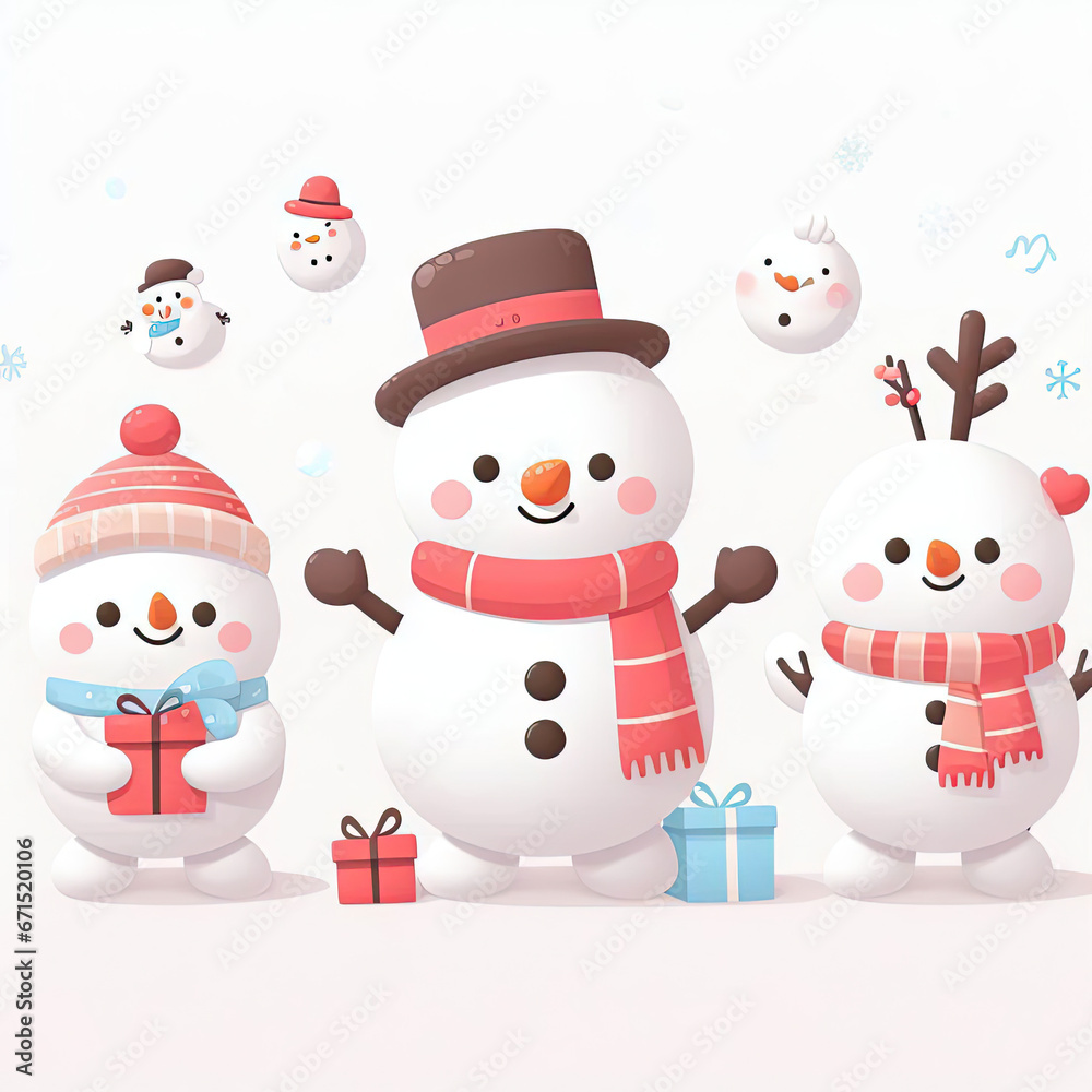 white background, cute character, snowman, new year