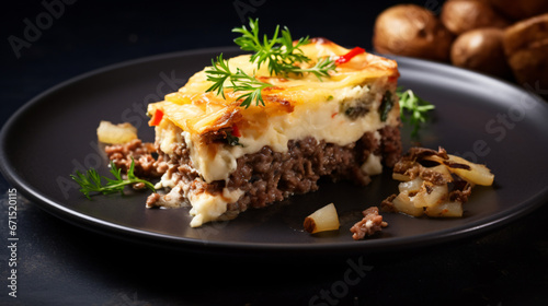 Portion of Greek potato and meat casserole with cheese
