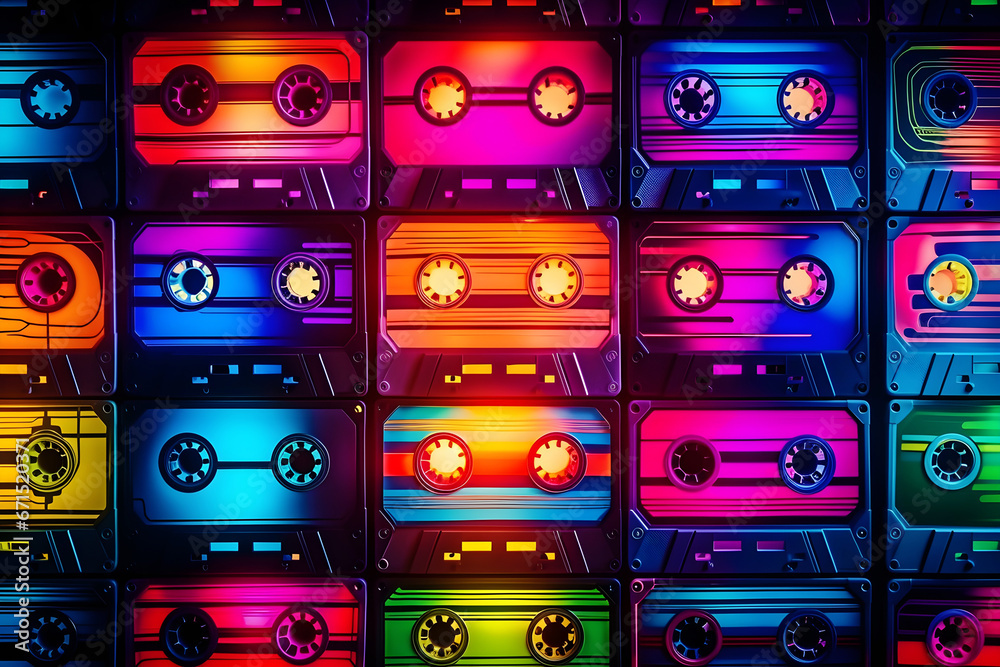 Vibrant neon cassette tapes nostalgic retro pattern in colorful composition Vibrant neon cassette tapes nostalgic retro pattern in colorful composition